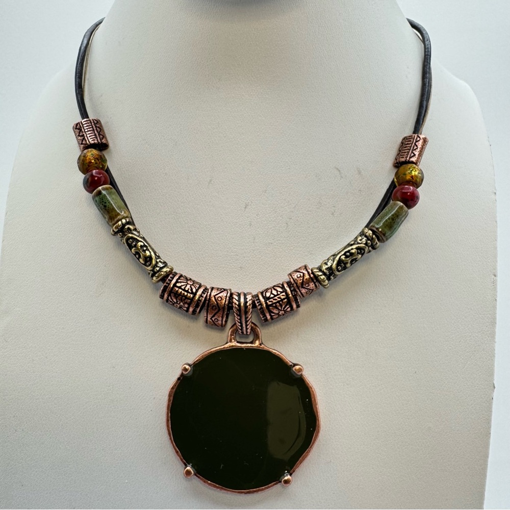 Chico’s NWT Green Enamel Copper Boho Tribal Statement Necklace Bold